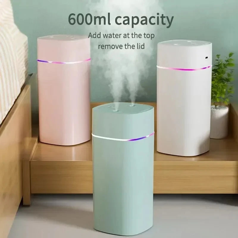 Humidificador de Aire 4 en 1: Alta Capacidad, Doble Boquilla, Difusor de Aceites Esenciales y Luz Nocturna Silenciosa